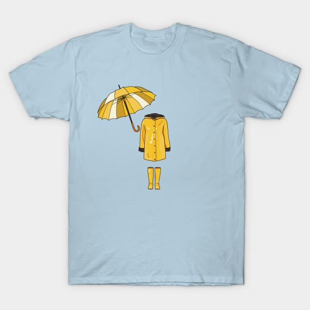 Yellow raincoat with yellow wellington boots and yellow multi toned umbrella. Cute fashion statement ready for the rain. T-Shirt by Fruit Tee